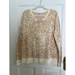 Loft Outlet Women's L Cardigan Cheetah Print Cream Brown Sweater 100% Cotton